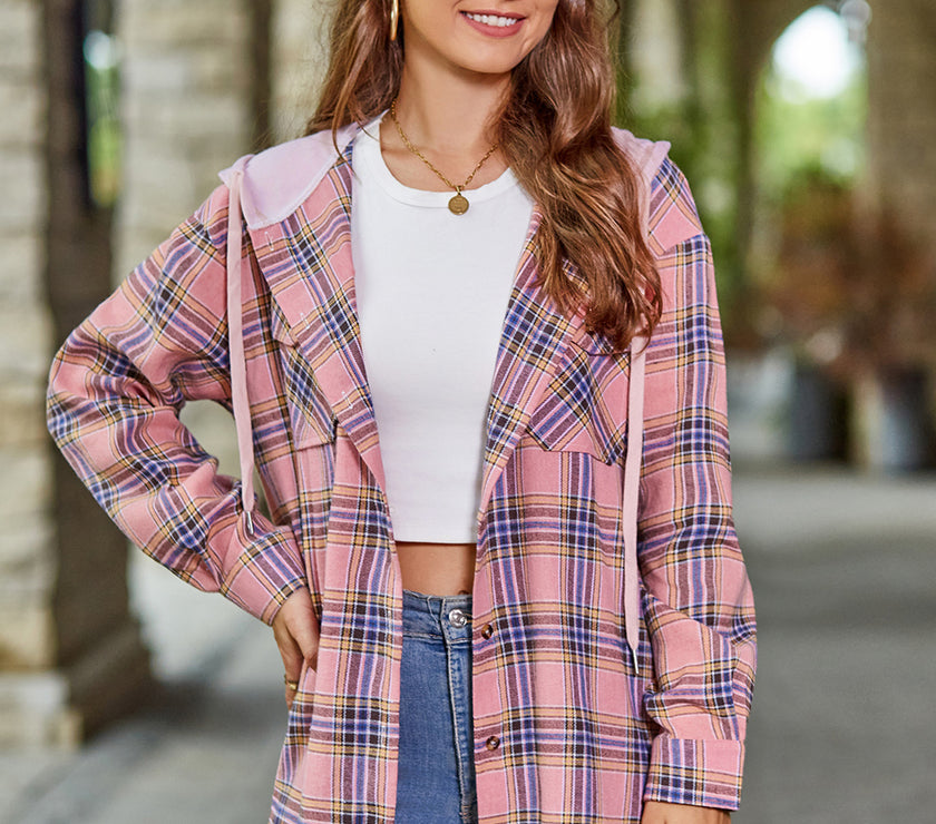 Mandy Plaid Long Sleeve Hooded Jacket
