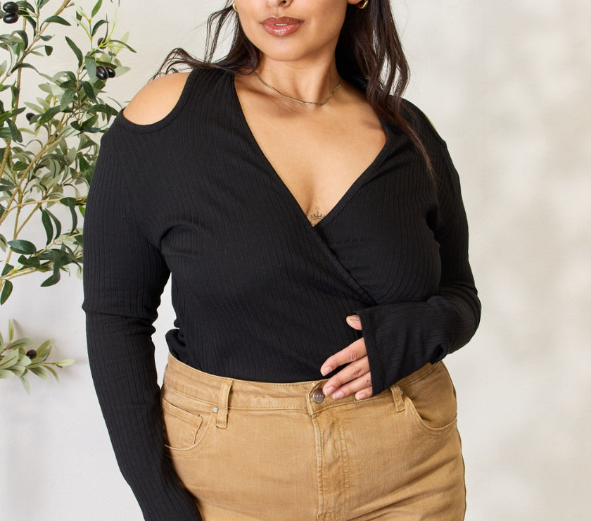 Culture Code Full Size Ribbed Surplice Cold Shoulder Top