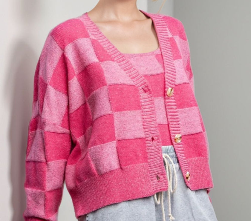 Checkered V-Neck Long Sleeve Cardigan