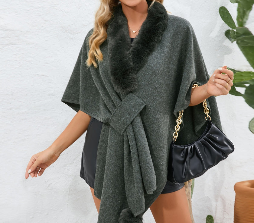 Fuzzy Trim Open Front Poncho