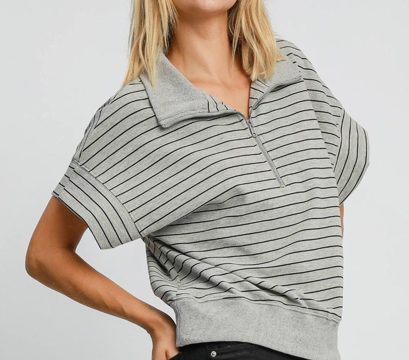 Umgee Striped Half Zip Short Sleeve Sweatshirt
