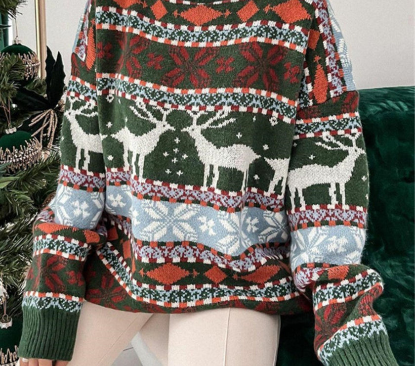 Geometric Round Neck Dropped Shoulder Sweater