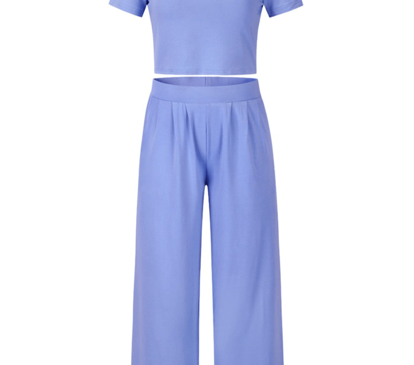 Round Neck Short Sleeve Top and Pocketed Pants Set