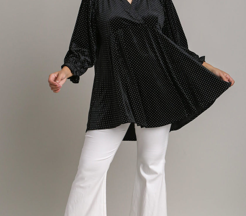 Umgee Full Size Beaded Frill Flounce Sleeve Velvet Babydoll Blouse