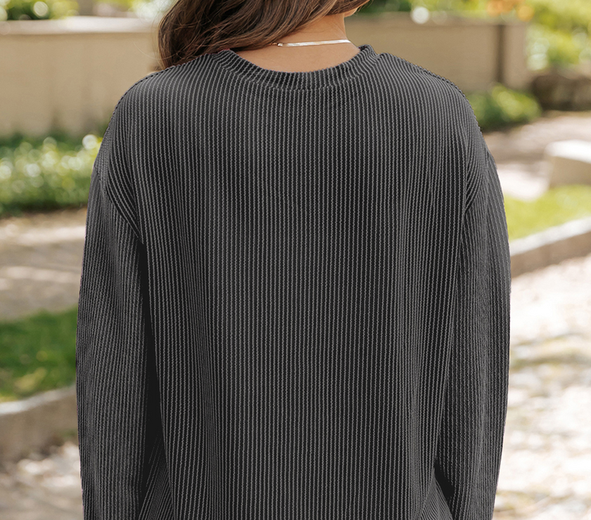 Carbon Grey Bowknot Patched Pattern Corded Long Sleeve Top and Shorts Outfit