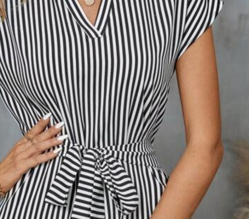 Tied Striped Cap Sleeve Mini Dress
