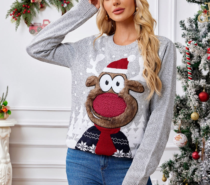 Reindeer Round Neck Long Sleeve Sweater