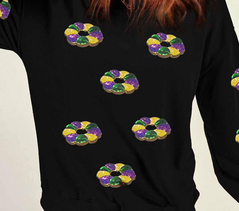 Black Sequined Donuts of Mardi Gras Colors Drop Shoulder Sweatshirt