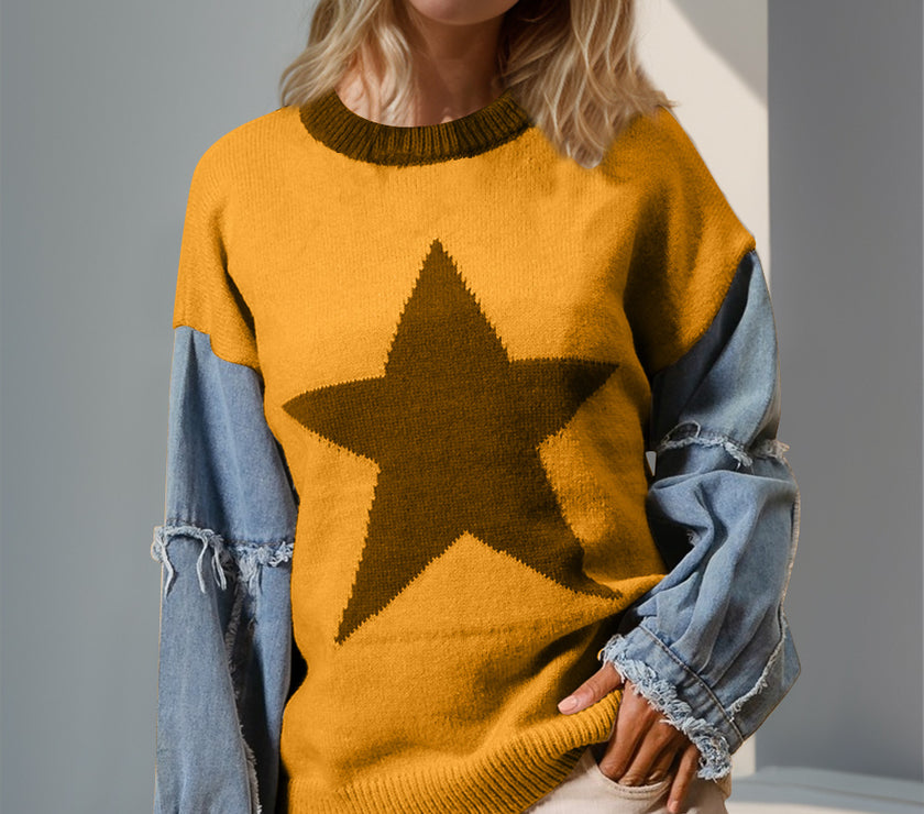 Double Take Full Size Star Pattern Raw Edge Long Sleeve Sweater