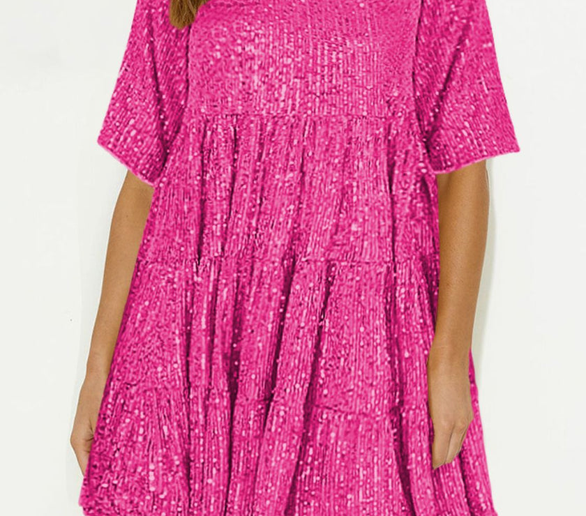 Sequin Round Neck Half Sleeve Mini Dress