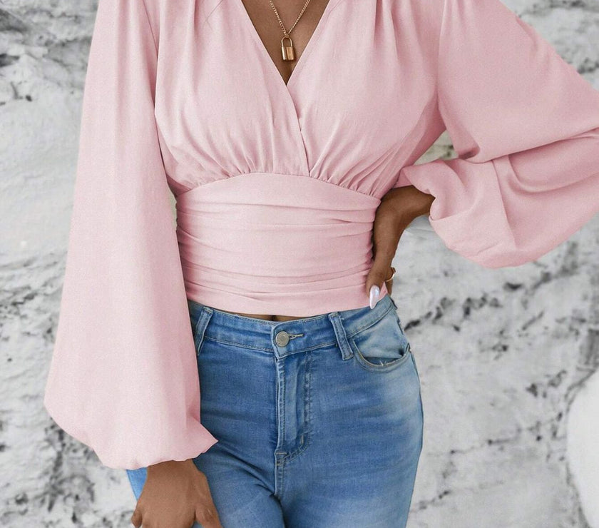 Smocked Surplice Balloon Sleeve Top