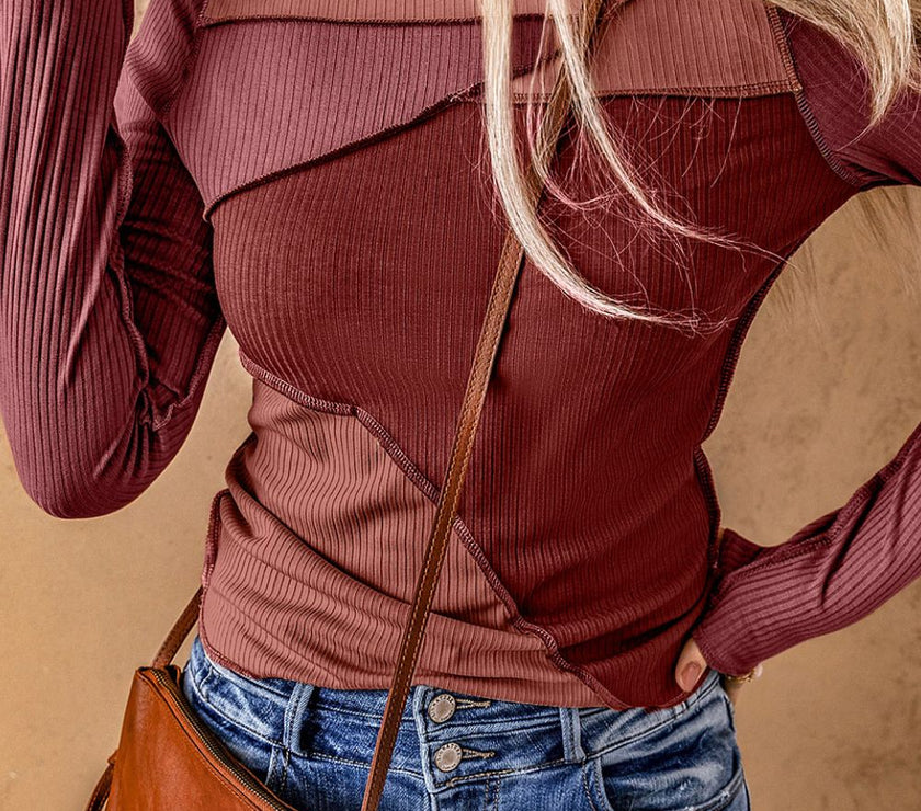 Exposed Seam Contrast Round Neck Long Sleeve T-Shirt