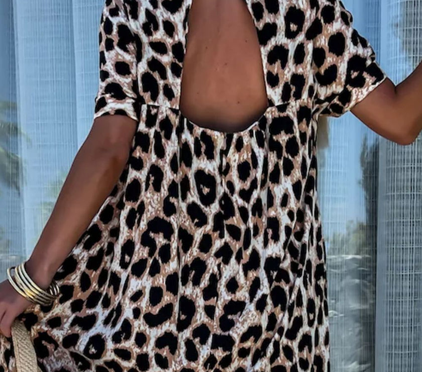 Cutout Back Leopard V-Neck Short Sleeve Mini Dress