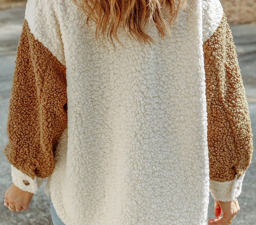 Color Block Collared Neck Sherpa Jacket