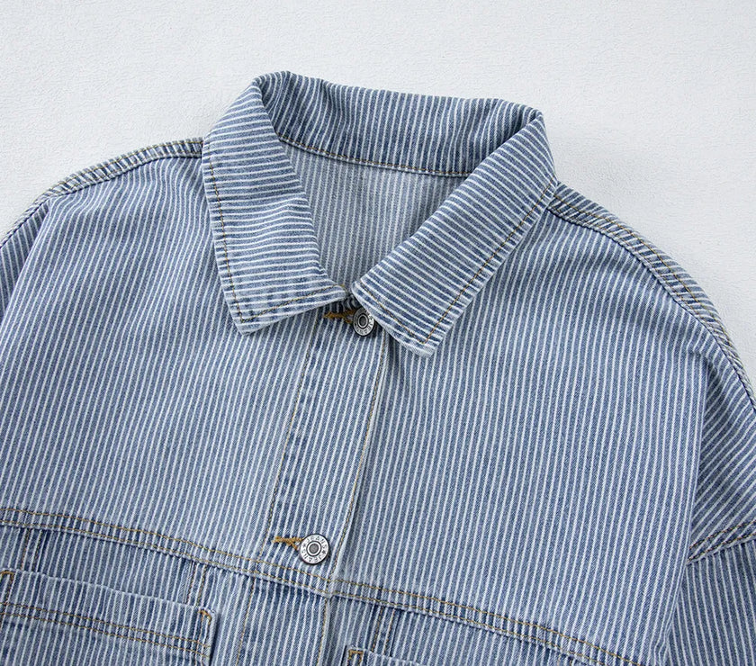 Striped Button Up Long Sleeve Denim Jacket