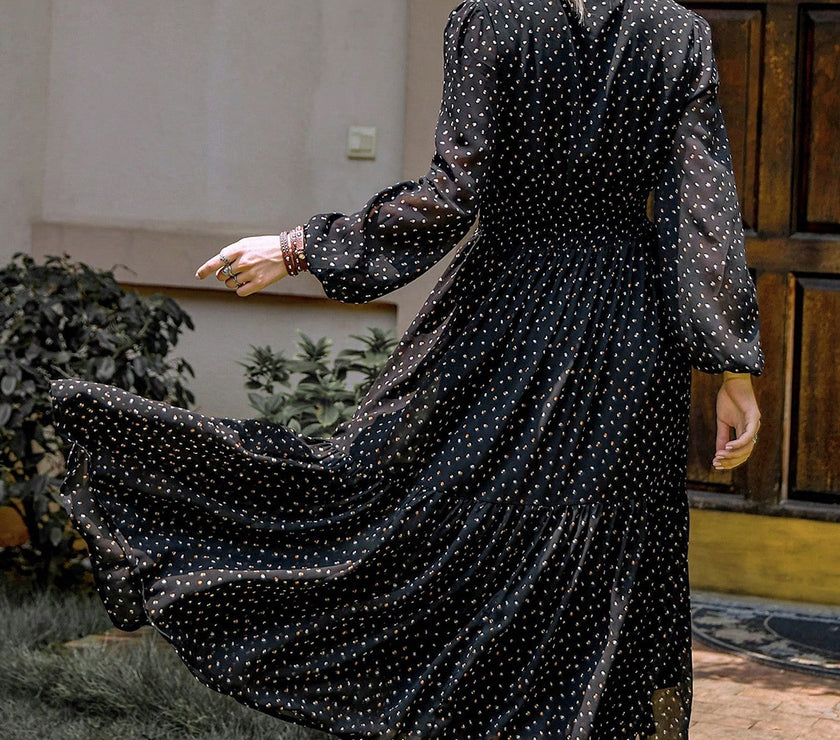 Embroidered Polka Dot Tie Neck Long Sleeve Midi Dress
