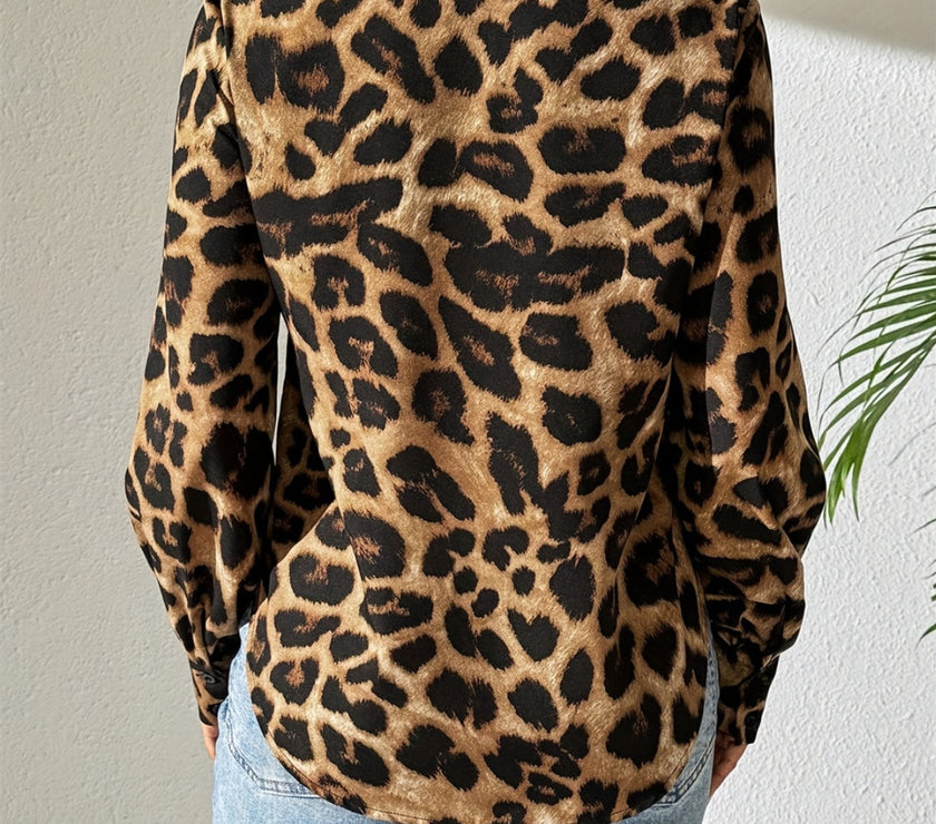 Leopard Collared Neck Long Sleeve Shirt