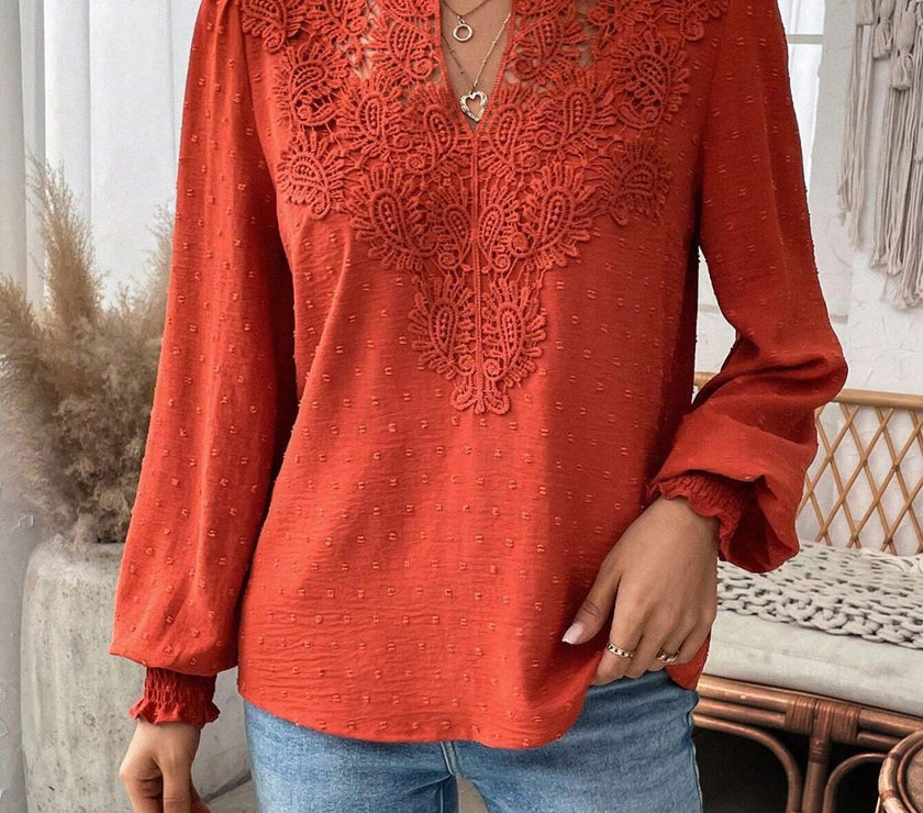 Swiss Dot Lace Detail Notched Long Sleeve Blouse