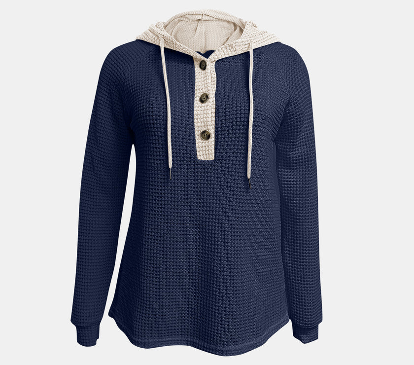 Full Size Waffle-Knit Contrast Long Sleeve Hoodie