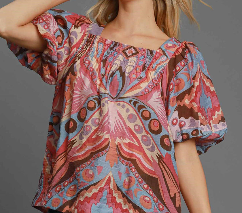 Umgee Full Size Abstract Print Smocked Square Neck Puff Sleeve Blouse