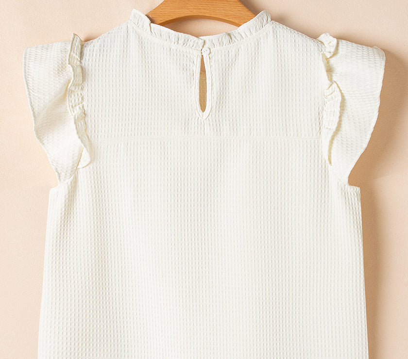 White Solid Color Ruffle Trim Waffle Knit Blouse
