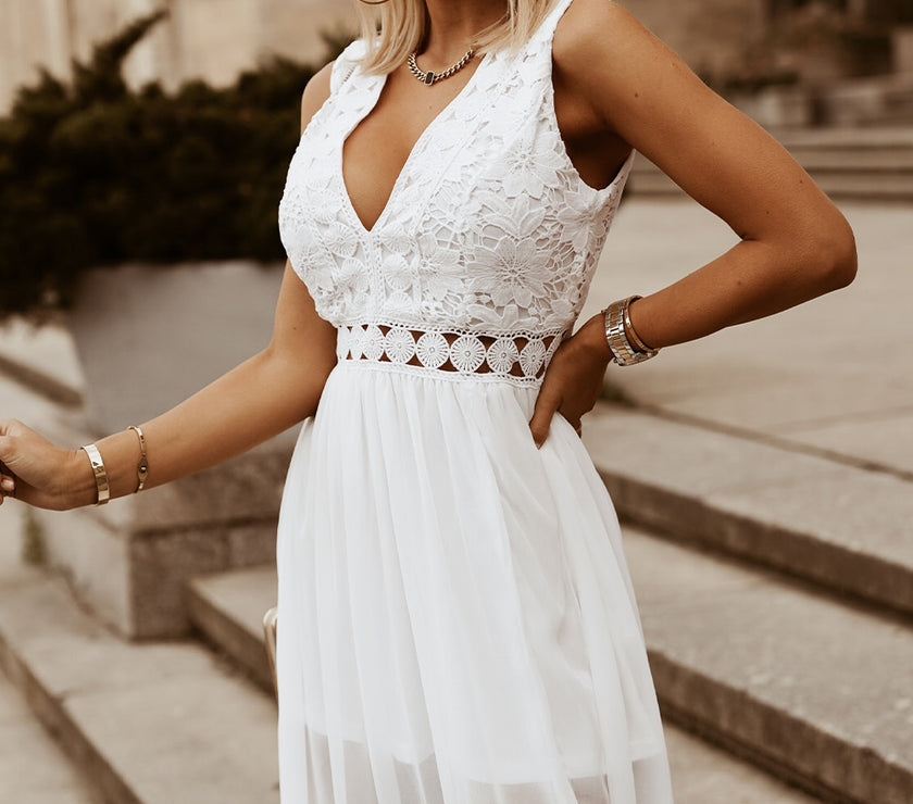 Slit Lace Detail V-Neck Dress