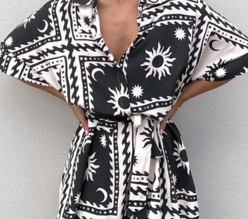 Printed Tie Waist Half Sleeve Romper