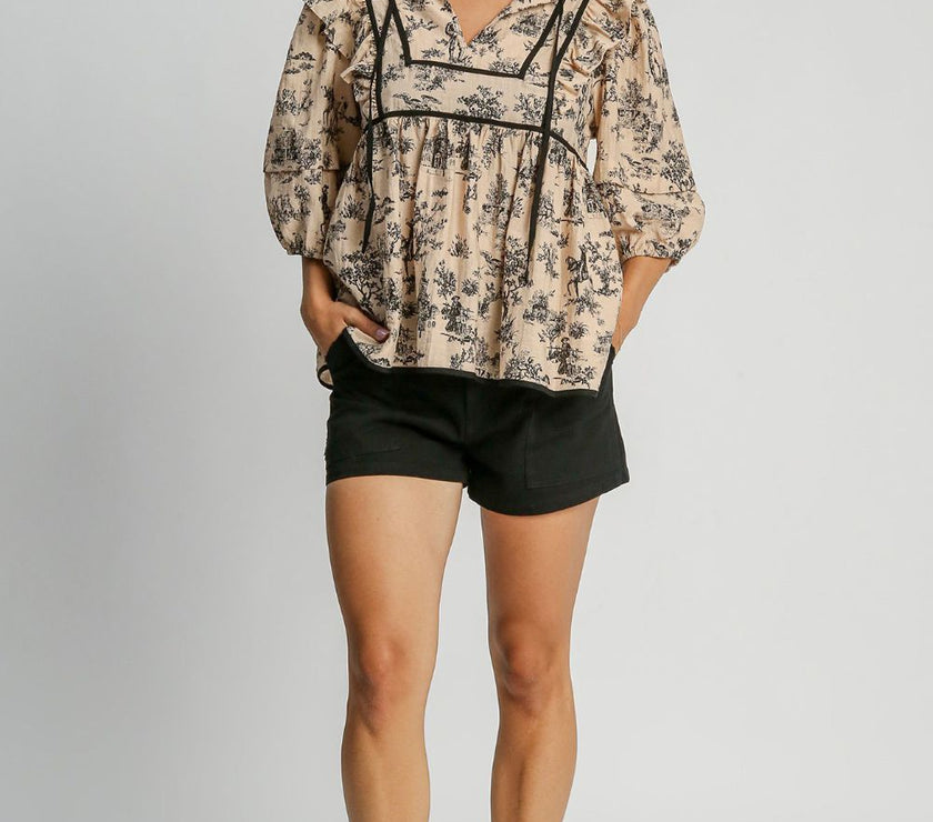 Umgee Ruffled Tie Neck Puff Sleeve Babydoll Blouse