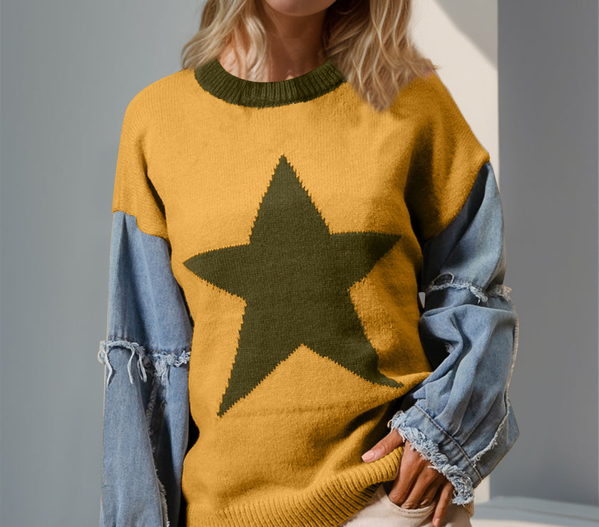 Double Take Full Size Star Pattern Raw Edge Long Sleeve Sweater