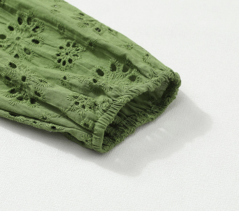 Eyelet Round Neck Drop Shoulder Sweater