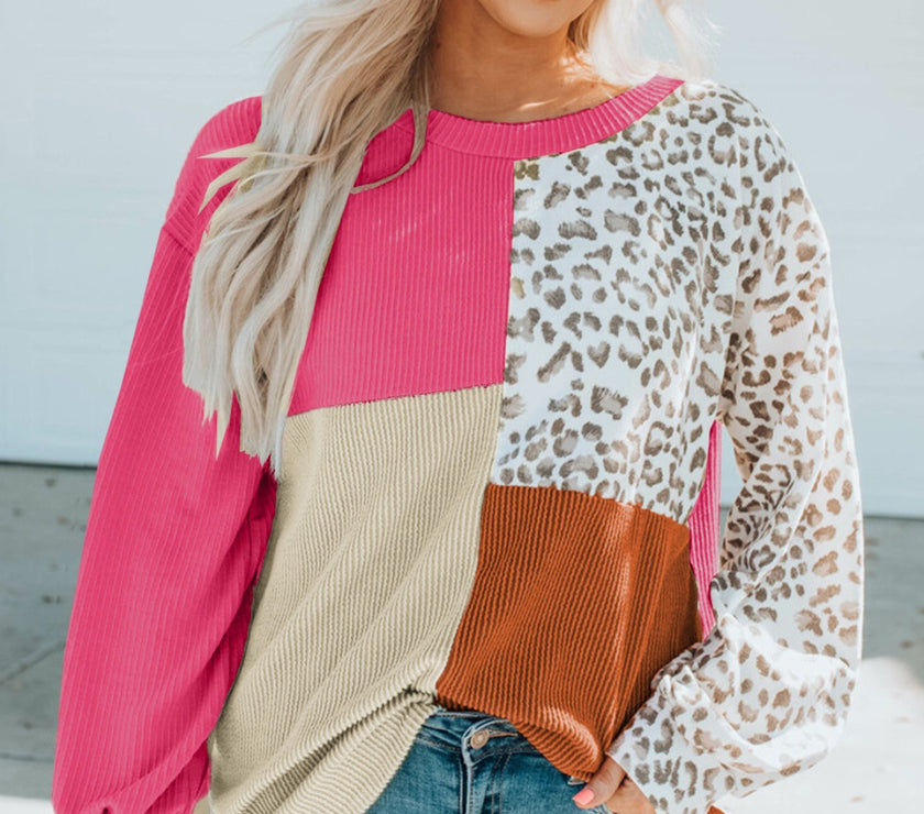 Color Block Leopard Round Neck Sweatshirt