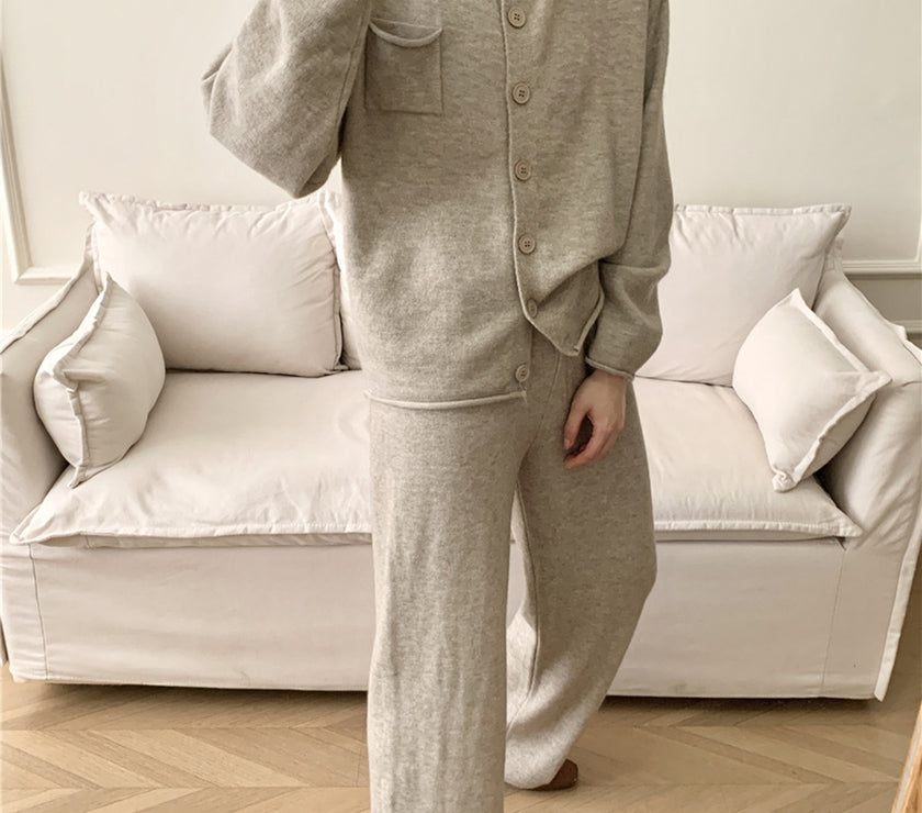 Pocketed Round Neck Button Up Cardigan and Pants Sweater Set