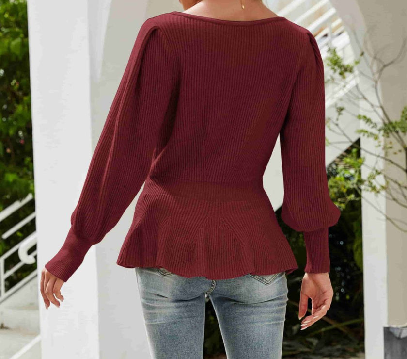 Ribbed Round Neck Lantern Sleeve Sweater