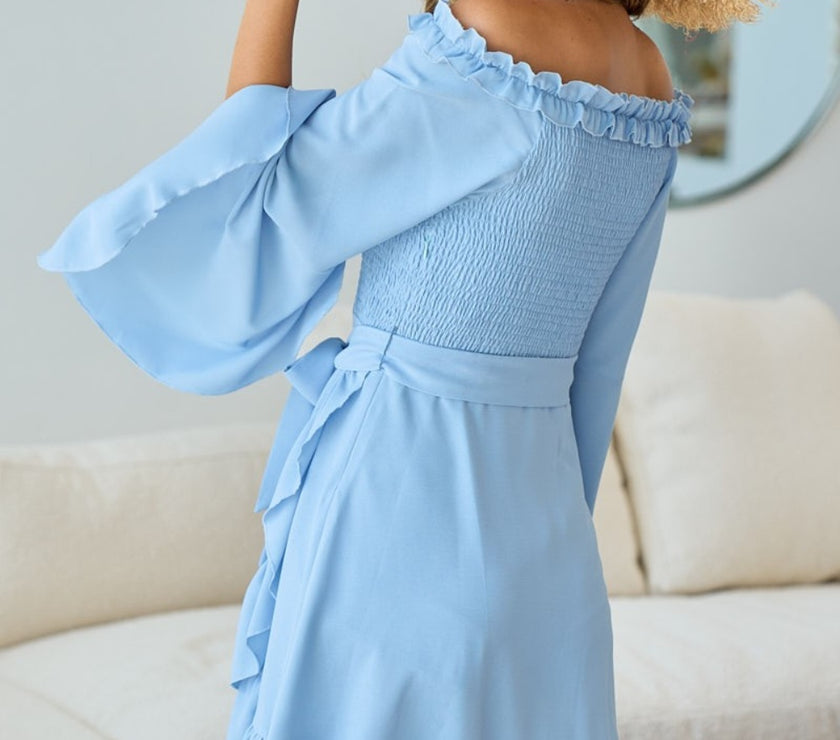 BiBi Smocked Ruffled Front Tie Mini Dress