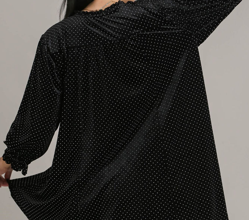 Umgee Full Size Beaded Frill Flounce Sleeve Velvet Babydoll Blouse