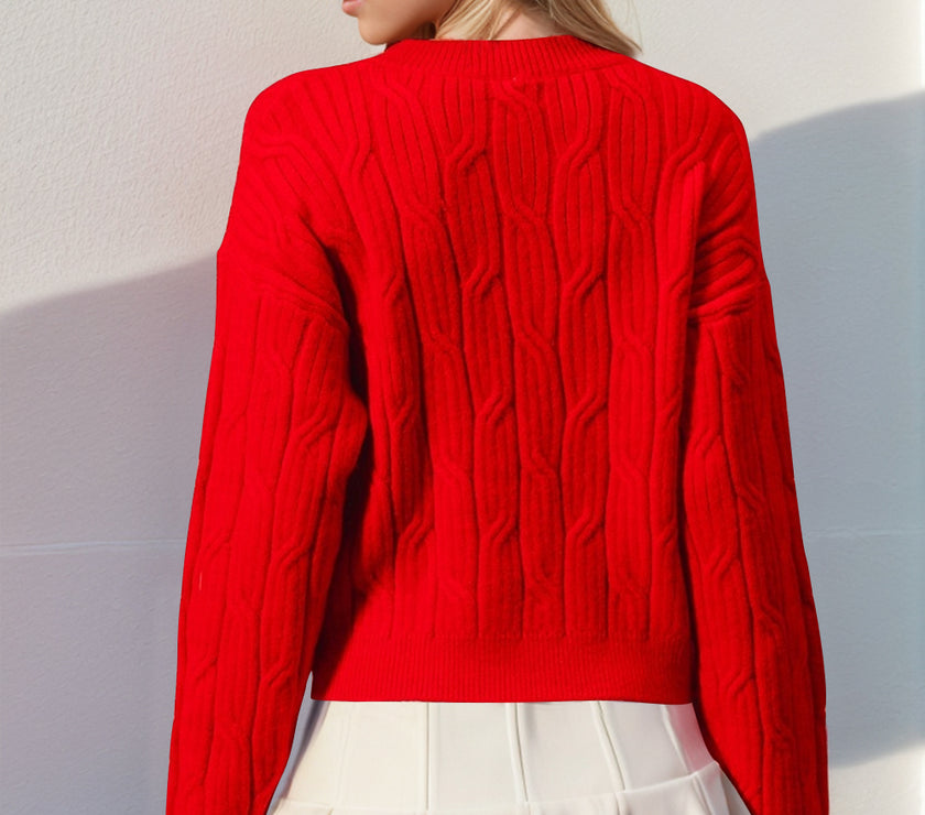 Double Take Full Size Bow Cable-Knit Round Neck Sweater