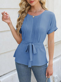 Tie Waist Round Neck Short Sleeve Blouse