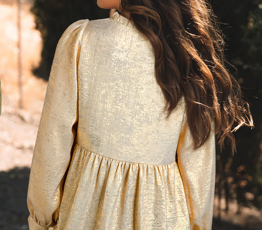 Gold Metallic Frilled V Neck Puff Sleeve Babydoll Blouse