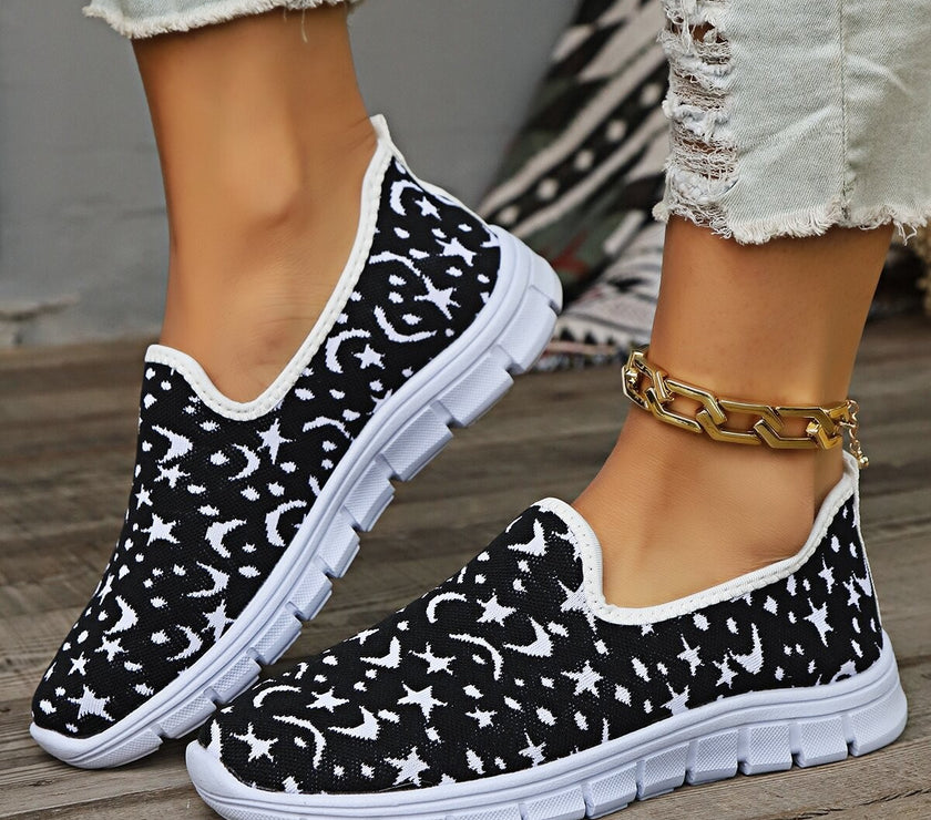 Star & Moon Pattern Flat Loafers