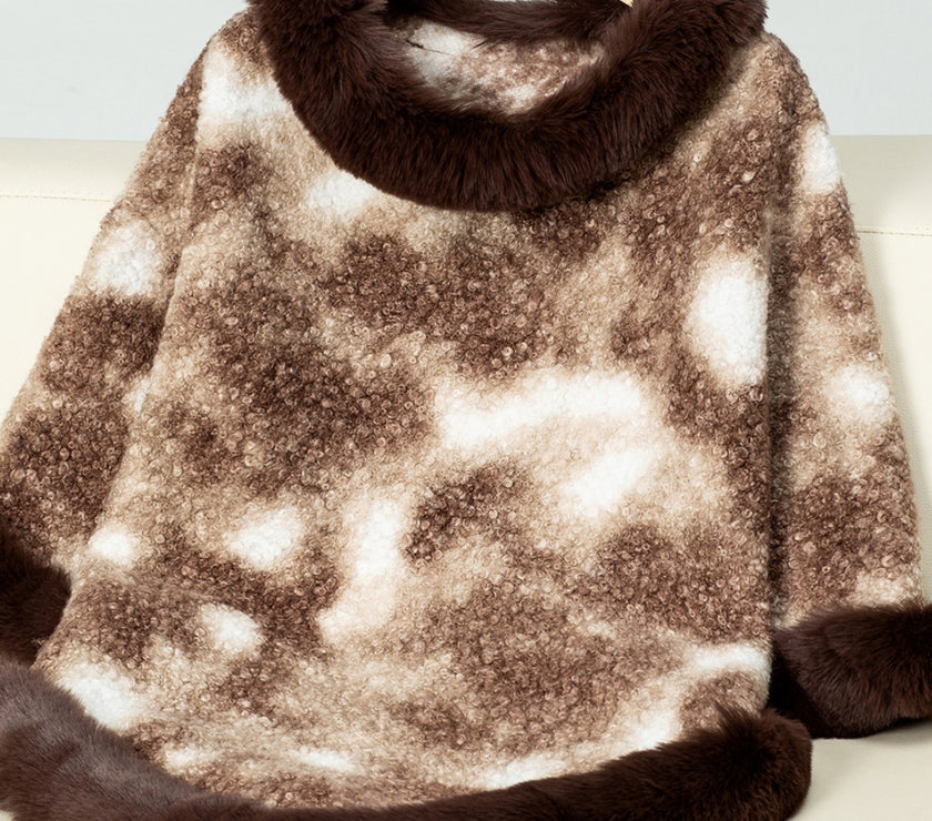 Furry Contrast Three-Quarter Poncho