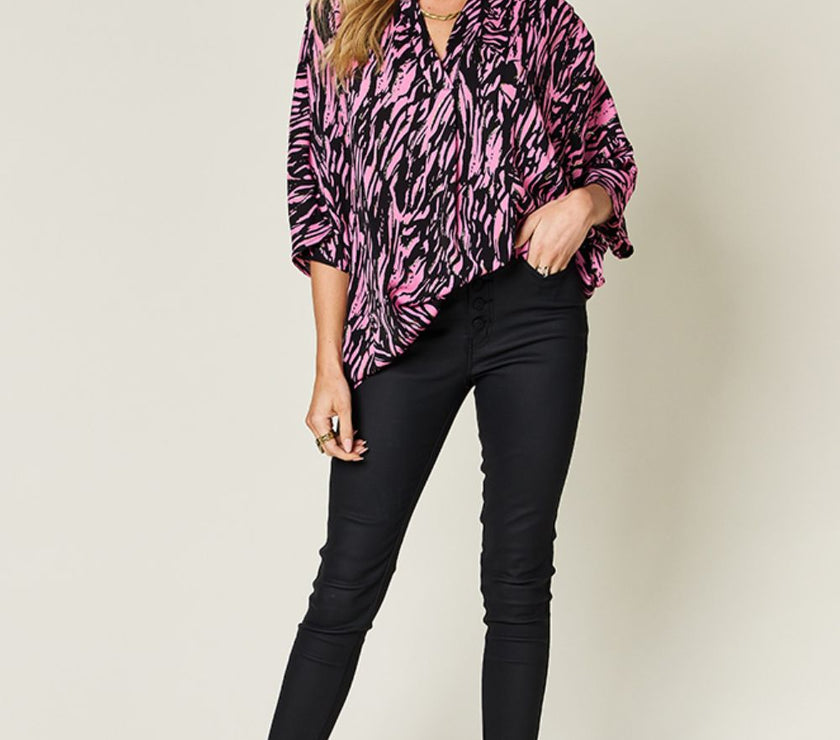 Double Take Full Size Printed Notched Three-Quarter Sleeve Blouse