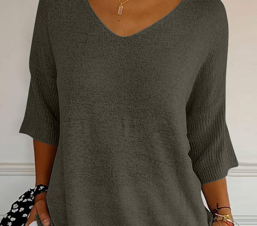 V-Neck Three-Quarter Sleeve Knit Top