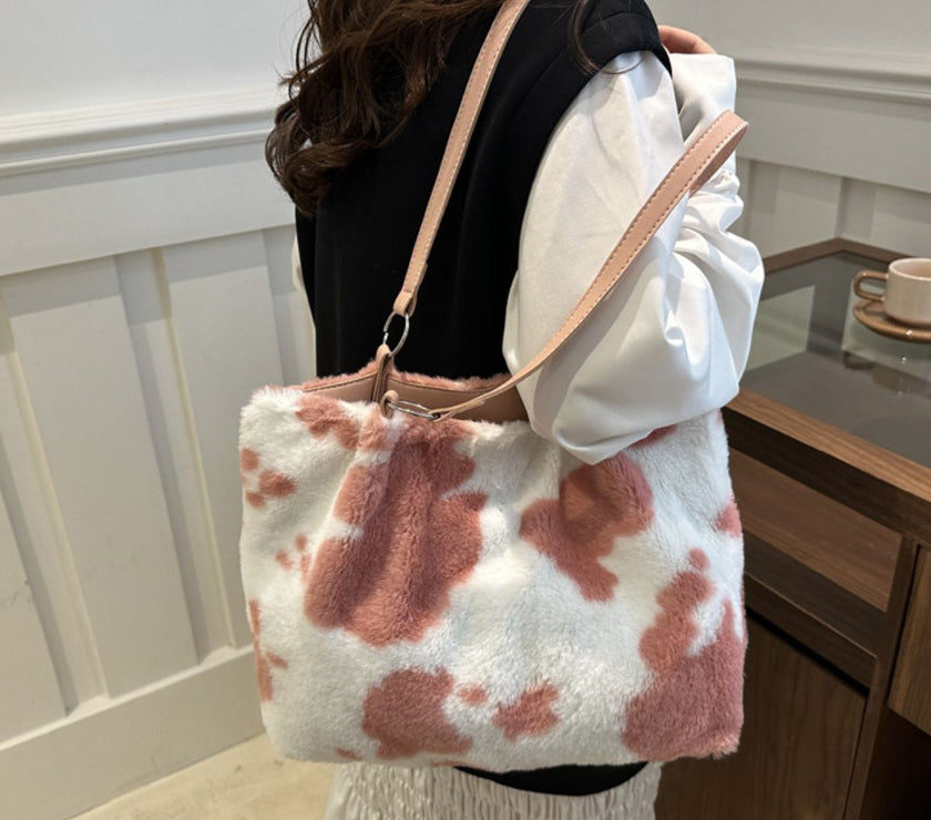 Cow Print Furry Tote Bag