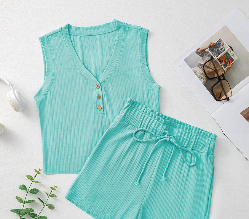 Mint Green Ribbed Button V Neck Tank Top and Shorts Set