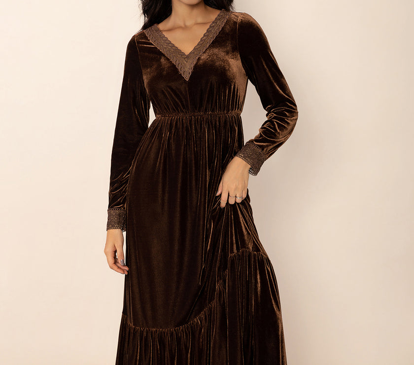 Lace Detail V-Neck Long Sleeve Maxi Dress