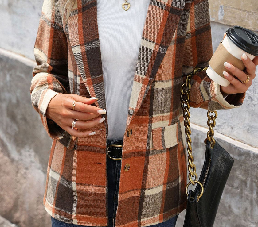 Perfee Plaid Button Down Lapel Collar Blazer