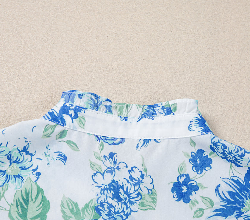 Sky Blue Floral Print Ruffle Sleeve Frilly Button Up Shirt