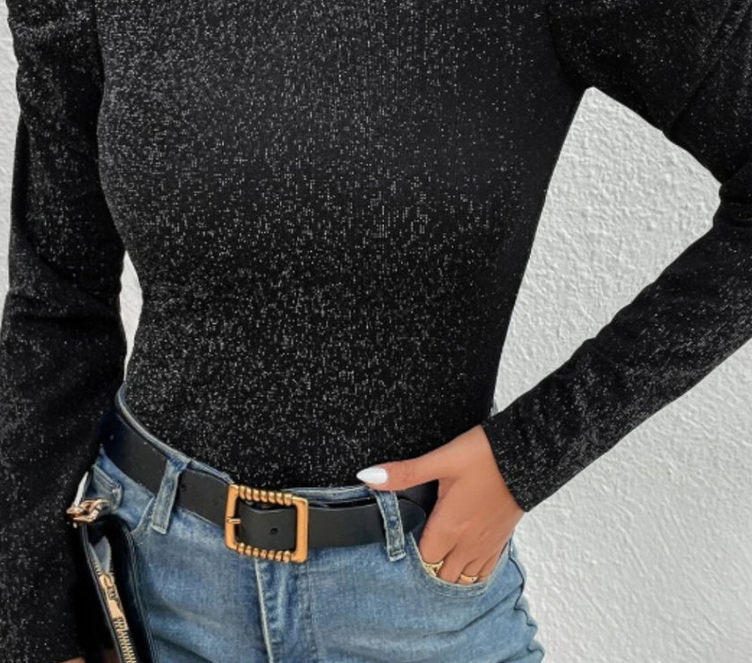 Metallic Round Neck Puff Sleeve Blouse