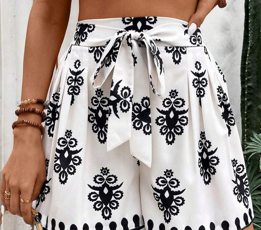 Black Tribal Geometric Print Belted High Waist Casual Shorts