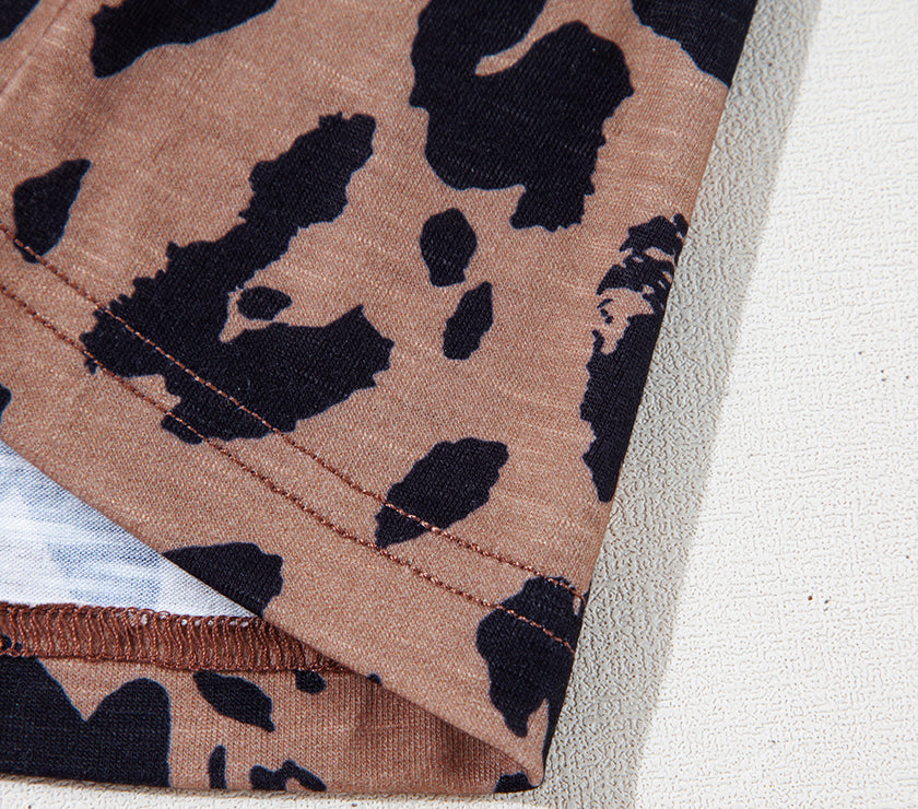 Brown Leopard Print V Neck Half Sleeve Oversized Tee